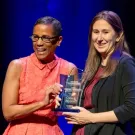 LeShelle May presents Colleen E. Bronner, associate professor of teaching, with the 2023 Women & Philanthropy Impact Award on Sunday (Nov. 5). (José Luis Villegas/UC Davis)